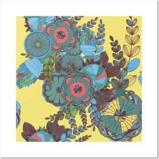 Abstract Floral Neck Gator Yellow and Blue Floral Abstract Posters and Art